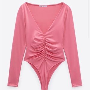 Zara Pink Ruched Long Sleeve Bodysuit